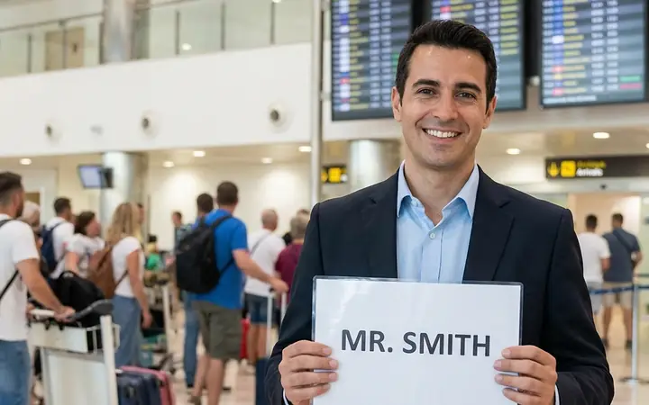Driver from Airport Transfers Marbella waiting in the arrivals hall of Málaga Airport with a name sign
